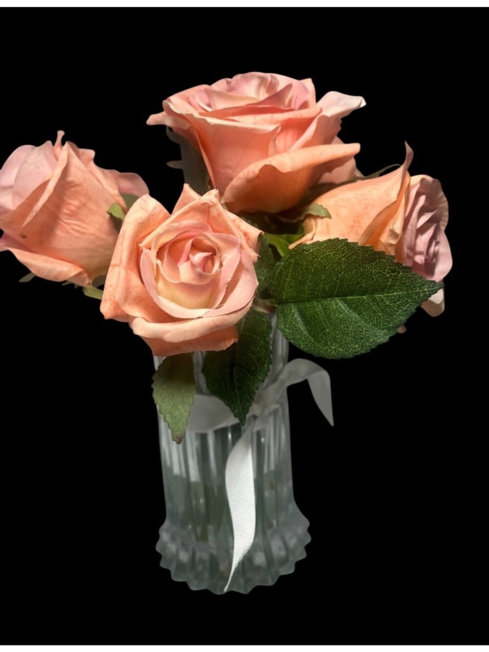 Artificial Peach Roses In Glass Vase With Ribbon 12 Inches Tall Elegant Floral D